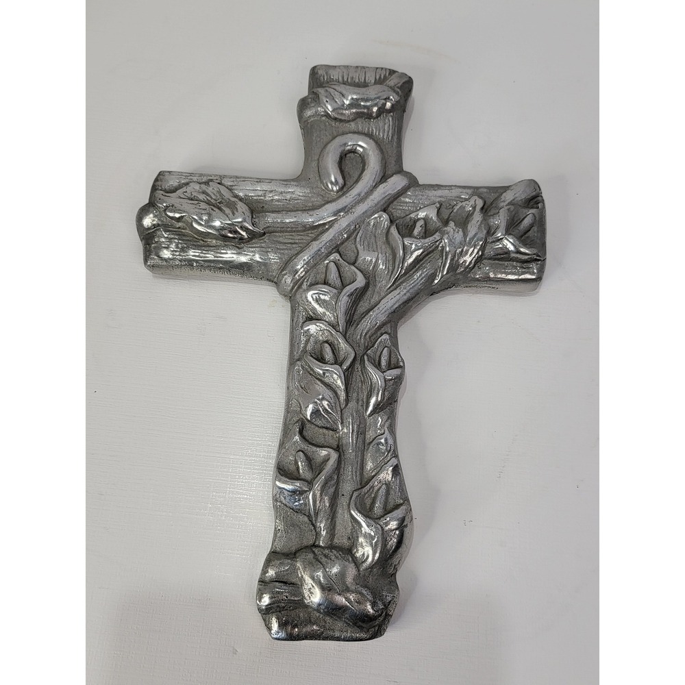 Vintage Silver Tone Floral Calla Lily Cast Metal Wall Cross Religious Decor 10in